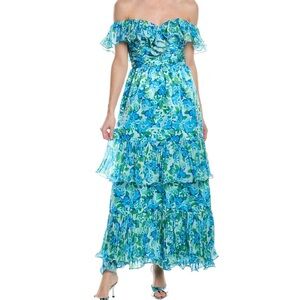 AMUR Blue Ruffled Off-Shoulder Maxi Dress